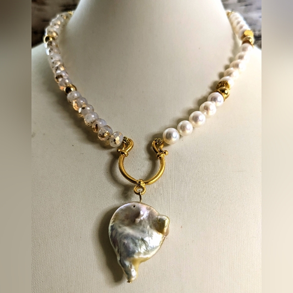 White Opal W/ Gold Specks Beads & Natural Pearls W/ Pearl Pendant Necklace - Picture 2 of 9